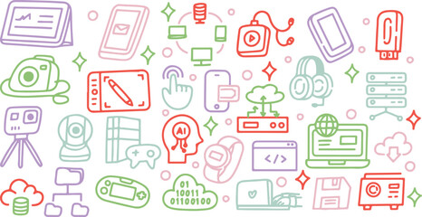 Coding & Development Doodle Vector | HTML, Monitor, Code Tag, UI Design, Tech Icons, Flat