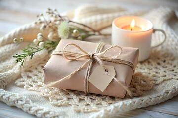 A rustic wrapped gift sits next to a lit candle on a cozy knitted blanket, creating a warm and inviting scene