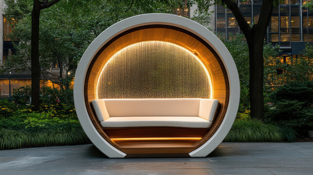 Modern urban relaxation pod with soft lighting and water feature in park setting