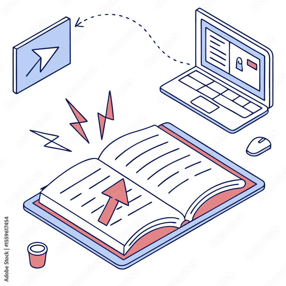 Poster conceptual illustration of digital learning and online education with an open book laptop mouse and 
