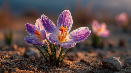 Purple crocus blooming in desert sunset light representing rare beauty, resilience, nature, and early spring theme
