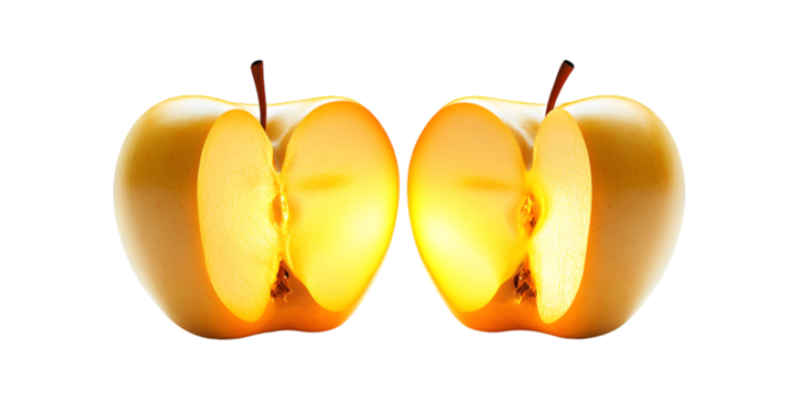 Golden Apple Split in Half with Glowing Gradient Isolated on Transparent Background
