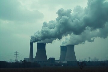 Billowing Dark Smoke from Grimy Coal Power Plant Stacks Against a Bleak Overcast Sky Environmental Impact and Energy Crisis Imagery