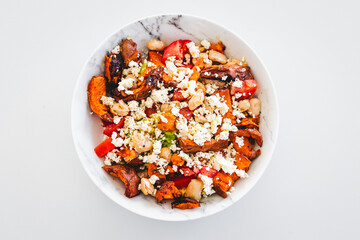 white bean and sweet potato salad with tomato avocado and feta