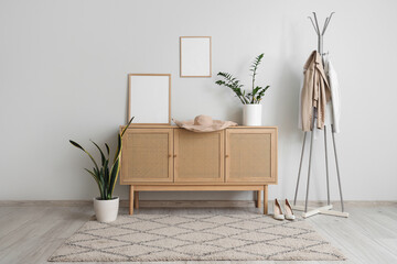 Rack, houseplants and chest of drawers with frames and hat in hallway