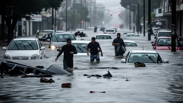 Floodwaters engulf a city street, submerging cars and prompting residents to wade through debris-strewn depths