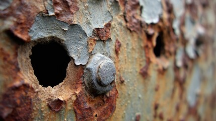 Close-up view of rusted metal with a hole.