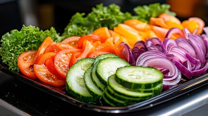 Assortment of Fresh Vegetables on a Dark Tray Featuring Sliced Tomatoes Cucumbers and Onions