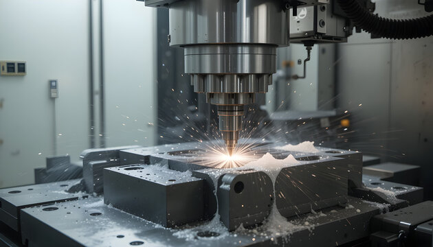 The CNC milling machine cutting the mold parts with oil coolant method