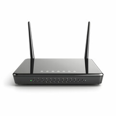 A sleek Wi-Fi router with external antennas, isolated on a clean white background, showcasing its modern design