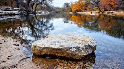 Autumn River Reflection Large Rock in Calm Water