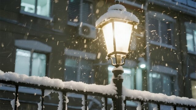 Snowfall Illuminated by a Vintage Street Lamp