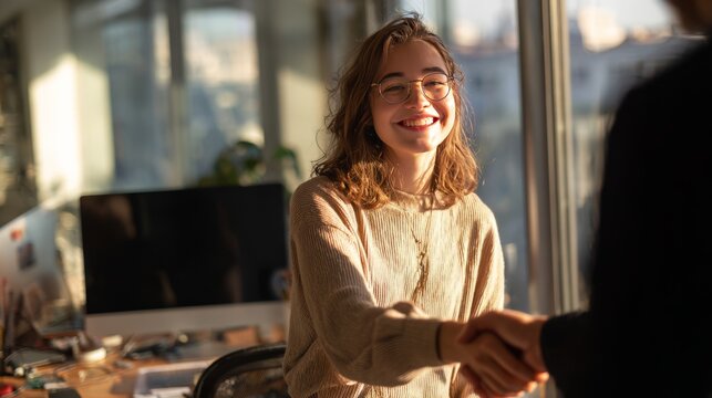 Smiling woman in red shirt shaking hands in modern office setting. Intern shaking hands with manager in office setting, friendly expression, concept of job interview or business success - Powered by Adobe