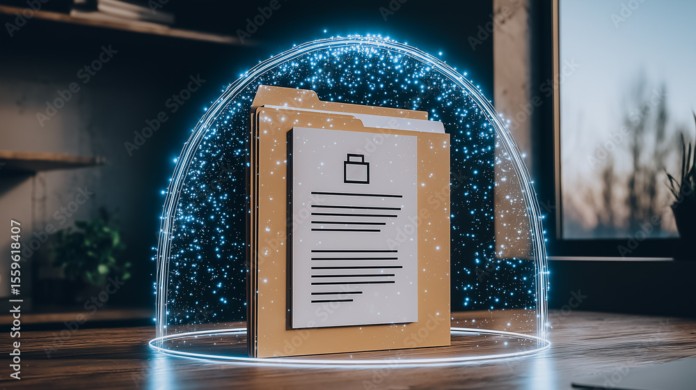 Poster secure document protection: a digital shield encompasses a document, with a lock icon, signifying th
