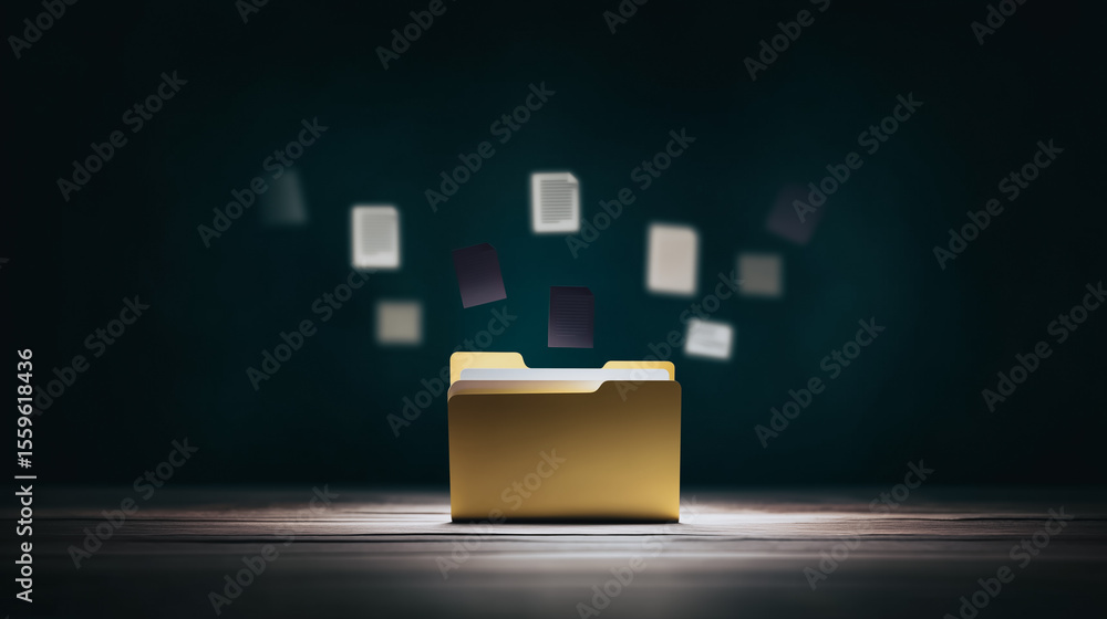 Poster file management: a digital folder with documents floating upwards, symbolizing data organization and