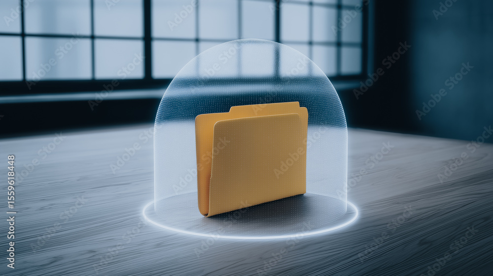 Poster digital document safety: a close-up view of a file folder, protected within a digital shield, symbol