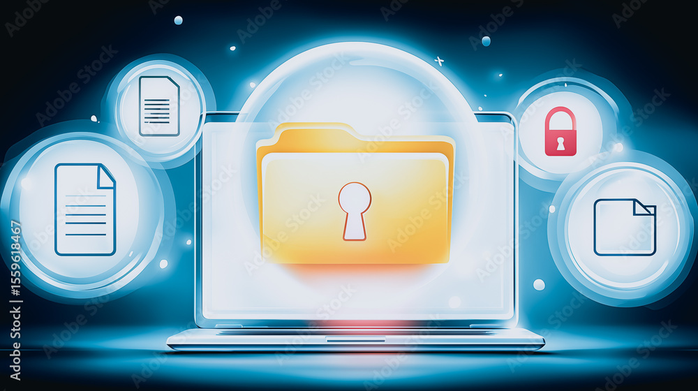 Poster digital data security: a visual representation of data security, where a glowing laptop screen displ