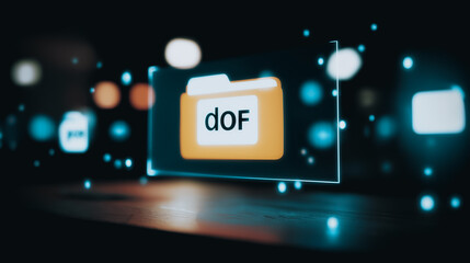 Digital Data Folder: A futuristic display showcases a glowing digital folder labeled "doF", surrounded by shimmering data streams and bokeh effects, representing digital file organization.