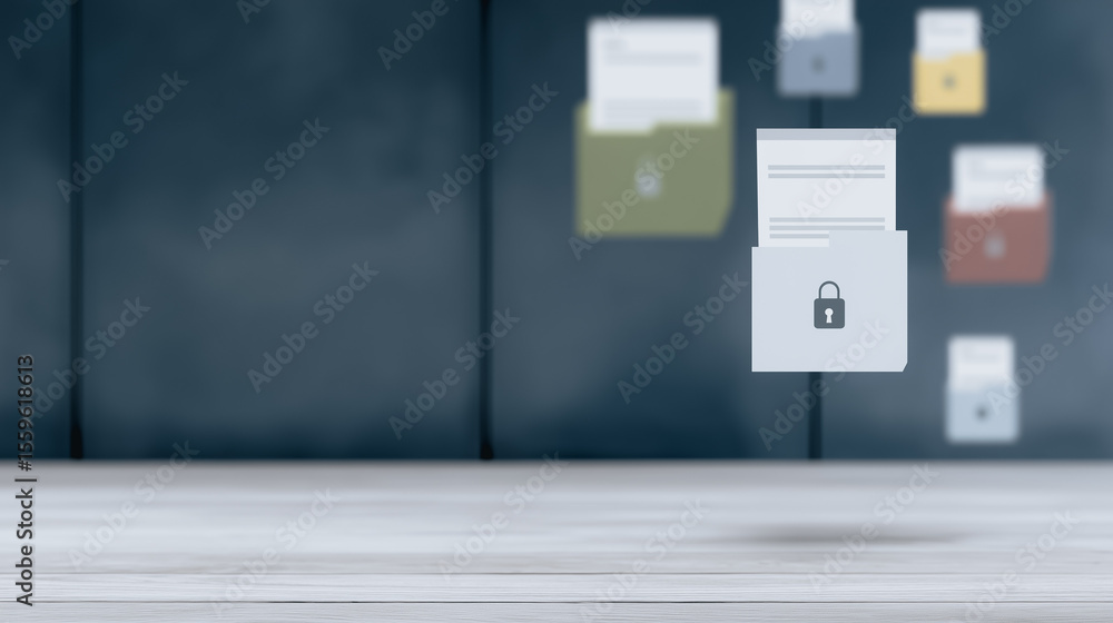 Poster secure data in digital vault: a collection of colorful digital folders, each bearing a subtle lock s