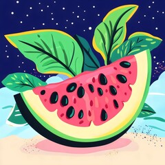 Vibrant Watermelon Illustration: Juicy Fruit Slice Design with Colorful Tropical Background
