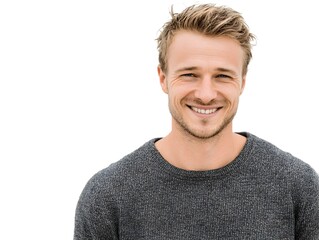 Fototapeta premium Attractive blonde man with warm smile poses against a pure white background in simple knit sweater shot closeup.