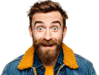 A young man with a beard looks surprised and excited with his eyes wide open while wea casual clothing.