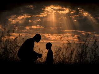 A dark silhouette of a father and son standing together in a field under a dramatic cloudy sunset sky.