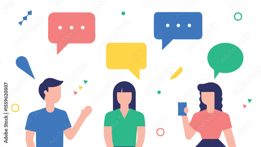 Poster people communicating with speech bubbles and abstract shapes in a colorful and modern design style