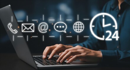 24/7 Customer Support Service Concept with Big Clear Contact Icons and Holographic Clock