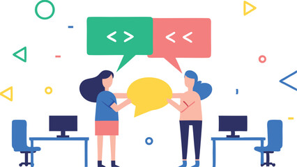 Two people holding a yellow speech bubble with green and red speech bubbles above them in an office space