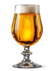 A refreshing glass of golden beer with a frothy white head sits elegantly against a clean white background.