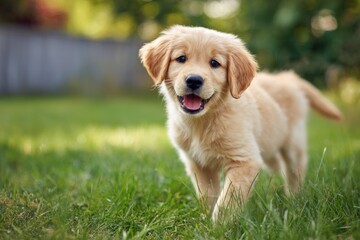 A golden retriever puppy happily running through green grass in an outdoor setting