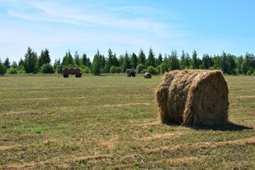 Hay Bales in a Field on a Sunny Day with a working tractor