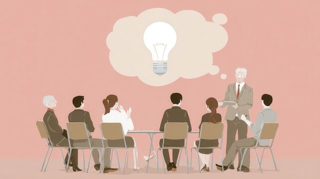 Group of business people in a meeting with a lightbulb in a thought bubble.