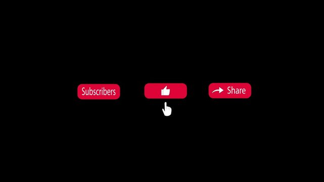 Moving video animation illustrating logo icon. Clicking subscribe button, like button, and share button. With black background