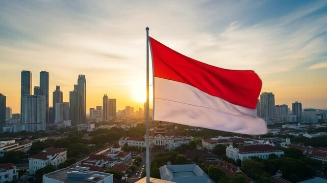 Indonesia flag waving with city skyline backdrop at sunset, embodying national pride