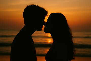Romantic silhouette of a couple standing close on a beach at sunset, sharing an intimate moment, perfect for a serene kissing day