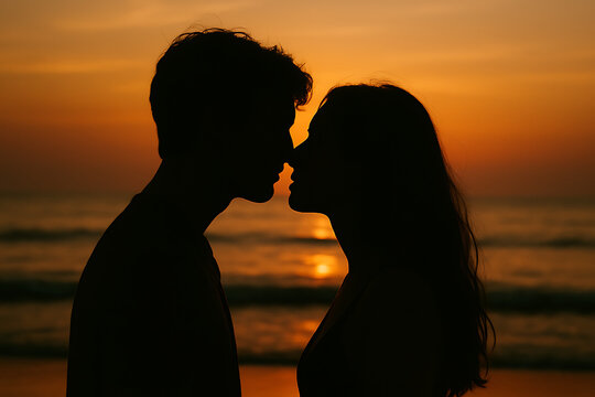 Romantic silhouette of a couple standing close on a beach at sunset, sharing an intimate moment, perfect for a serene kissing day - Powered by Adobe