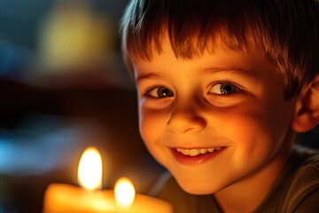 Golden hour lighting, boy&acirc;&euro;&trade;s face lit by candle flames, joyful birthday emotion