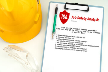 Illustration of a common Job Safety Analysis (JSA) template to be completed before starting a task,...