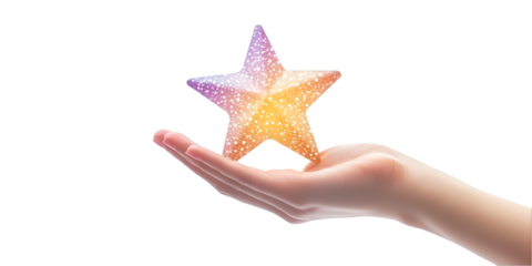 Hand Holding Glowing Gradient Star Isolated on Transparent Background for Conceptual and Inspirational Design