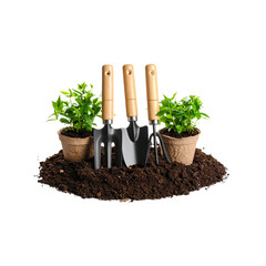 Isolated gardening tools, plants, and soil for potting and growth