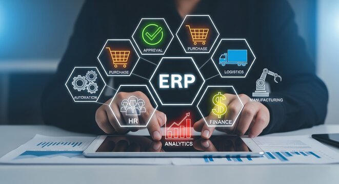 ERP System Concept with Big Clear Hexagon Icons – Enterprise Resource Planning Banner Design