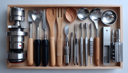 Wooden and metal kitchen utensils