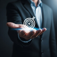 Targeting business concept. Businessman show virtual target icons for business objective. Strategic planning for business growth and target customer group.