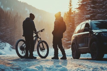 Friendly moment between two bikers gearing up beside SUV on chilly morning