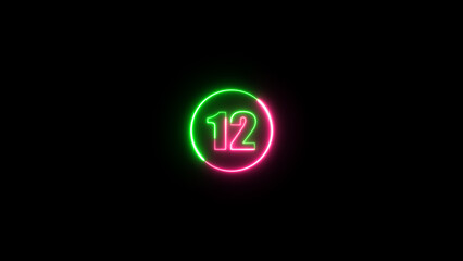 Number 12 glowing in the on the black background. neon light number 12 isolated on background. Abstract purple and green color digit neon effect.