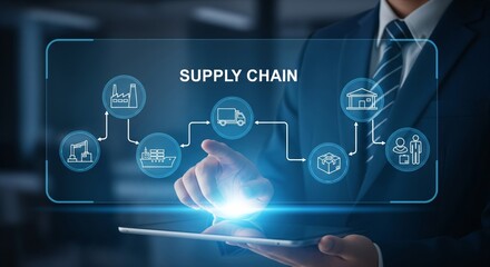 Fototapeta premium Hand Touching Futuristic Supply Chain Hologram – Big Factory, Warehouse, Truck, Cargo Ship, Package, Customer Icons – Logistics Banner