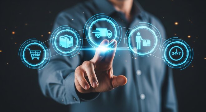 Hand Touching Futuristic E-commerce and Delivery Hologram – Big Shopping Cart, Delivery Truck, Package, Customer, 247 Clock Icons – Logistics Banner