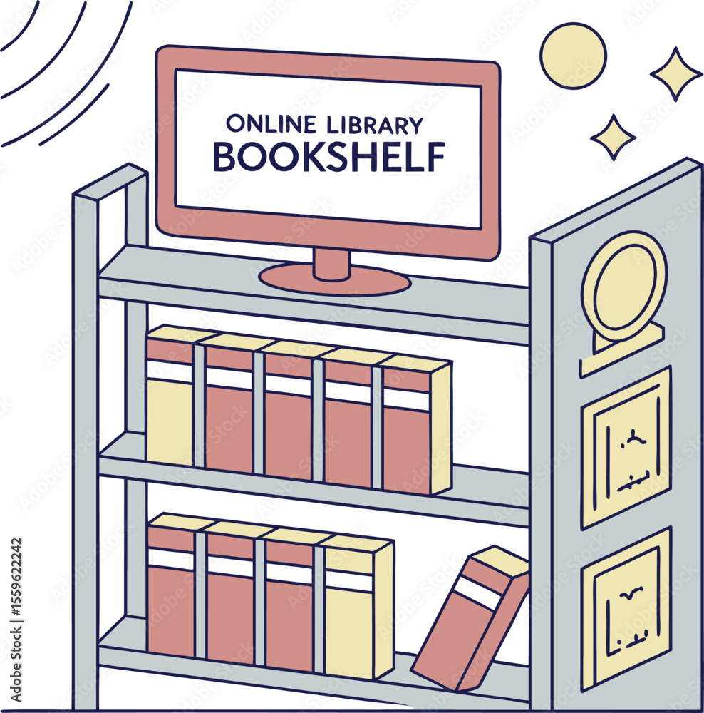 Poster modern digital bookshelf illustration featuring a computer monitor displaying the words online libra